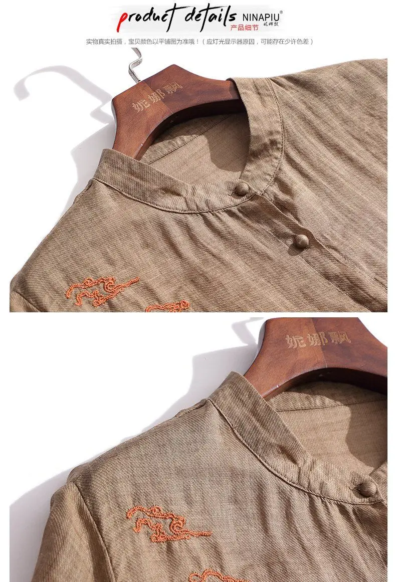 Retro Ramie Embroidered T-shirt Women Ethnic Style Summer Clothes Loose Small Stand Collar Top Chic Cardigan