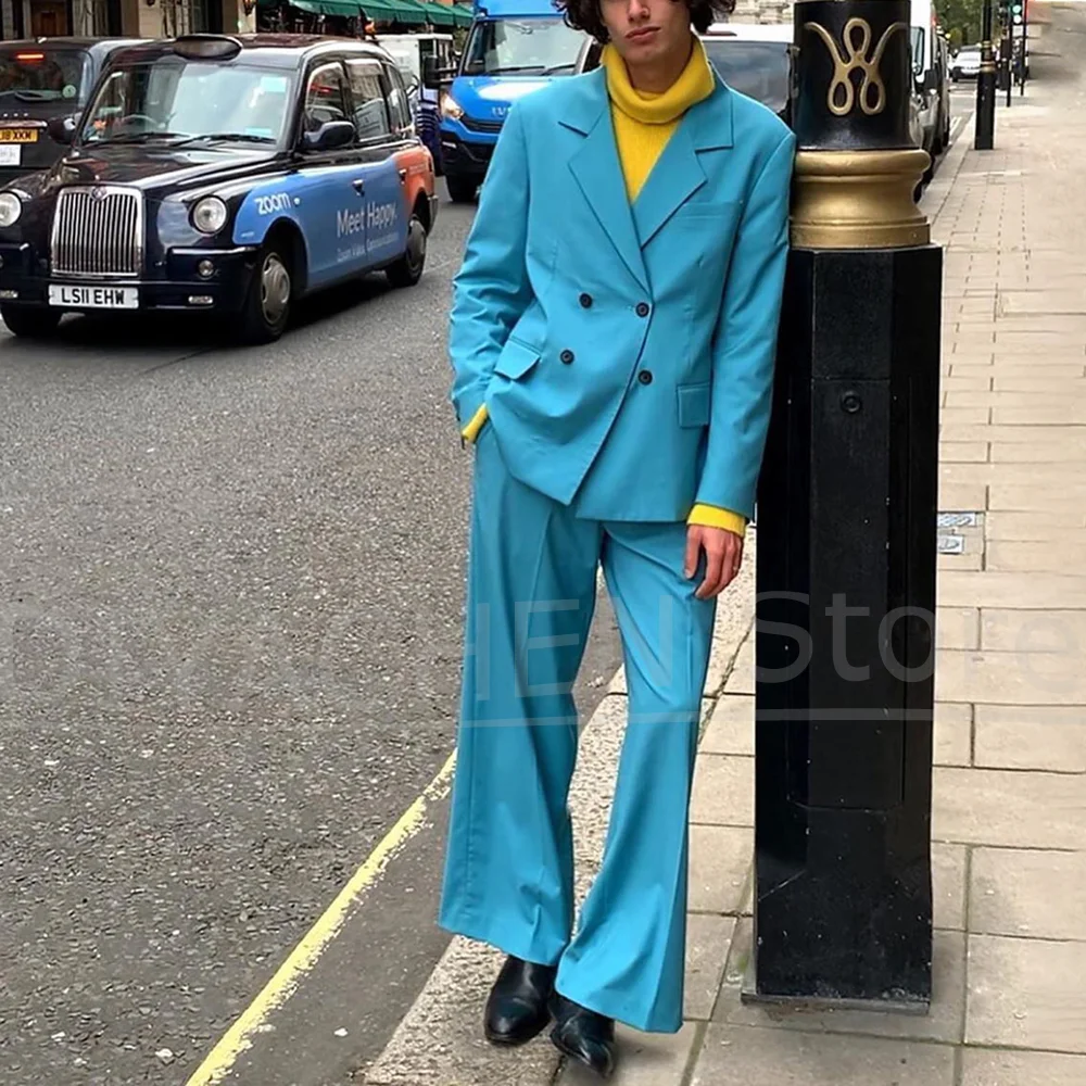 

Мужской синий двубортный костюм, модный повседневный деловой костюм для вечеринки, свадьбы, шикарный мужской костюм с лацканами из 2 предметов