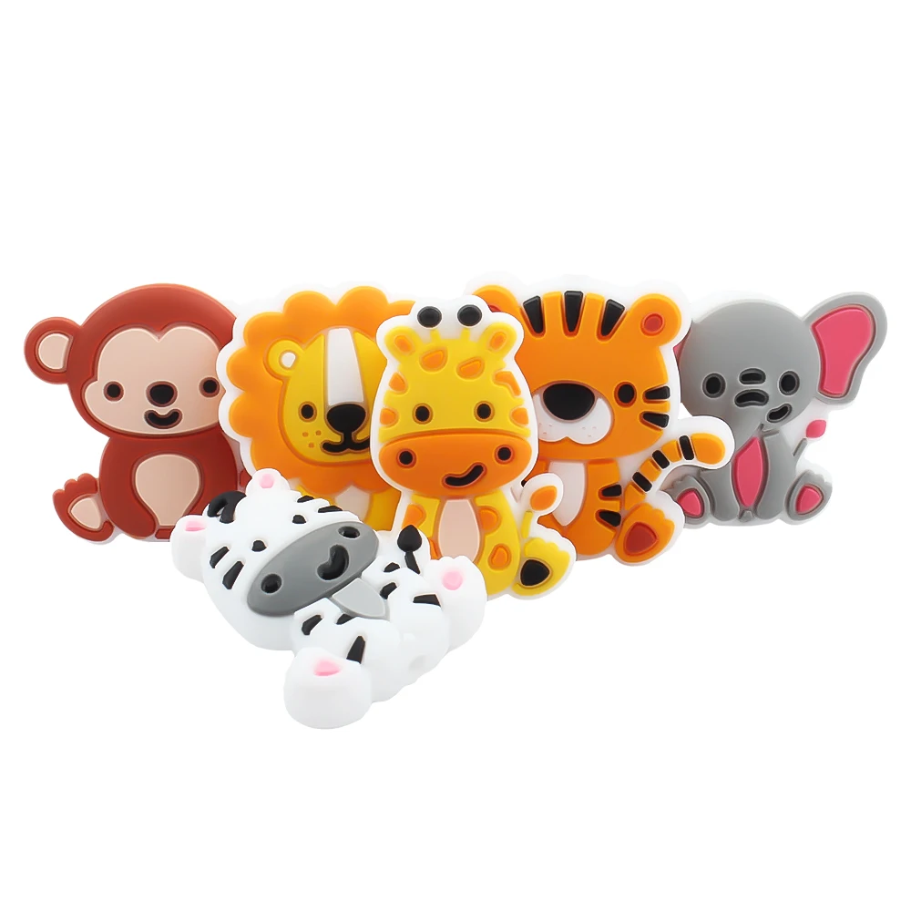 6PCS  Focal Baby SiliconeBeads Lion Tiger Monkey Giraffe Spacer Beads Teething Toy for DIY Pacifier Clips Pen Chain Accessories