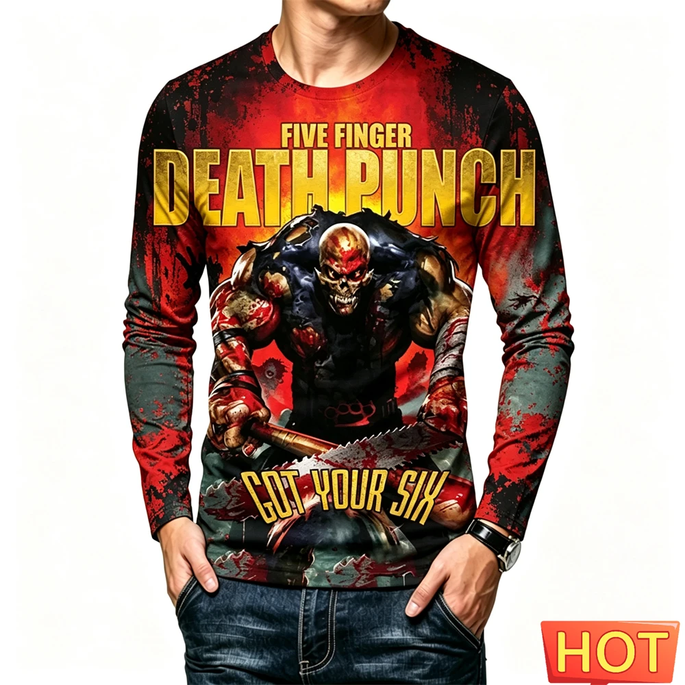Autumn Casual O-neck Long Sleeve T-shirt Five Fingers Death Punch 3D Print Men's T Shirts Hip Hop Trend y2k Clothes Fashion Tees