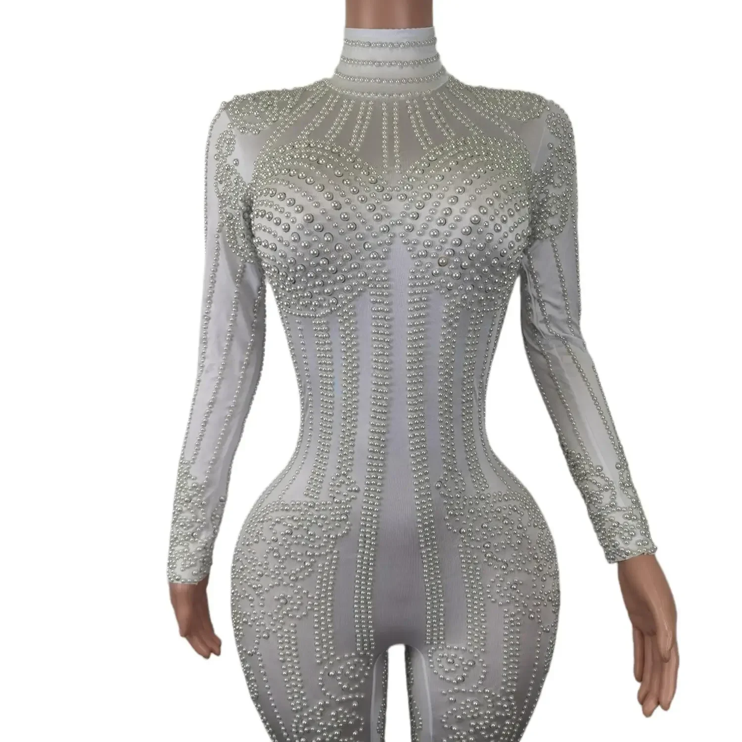 Big Size Dance Show Leotard Women Stage Performance One Piece Jumpsuit Sexy Pearl Long Sleeve Bodysuit Rhinestone Bodycon Romper