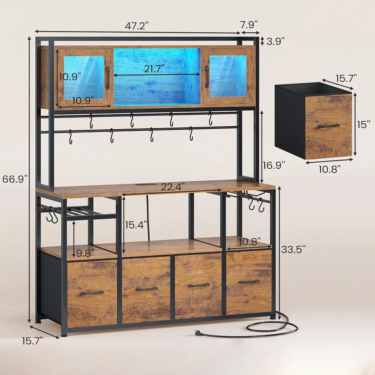 Rack with Power Outlet and LED Light, 47.2'' Microwave Stand with Storage, Kitchen Coffee Bar Cabinet with Glass Door, 4 Drawer, Wine Rack, Goblet Holder and 12 Hooks, Rustic Brown