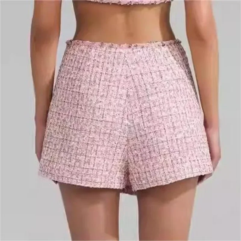 2024 Early Spring Pink Tweed Short Crew Neck Diamonds Jacket Shorts Woman Set