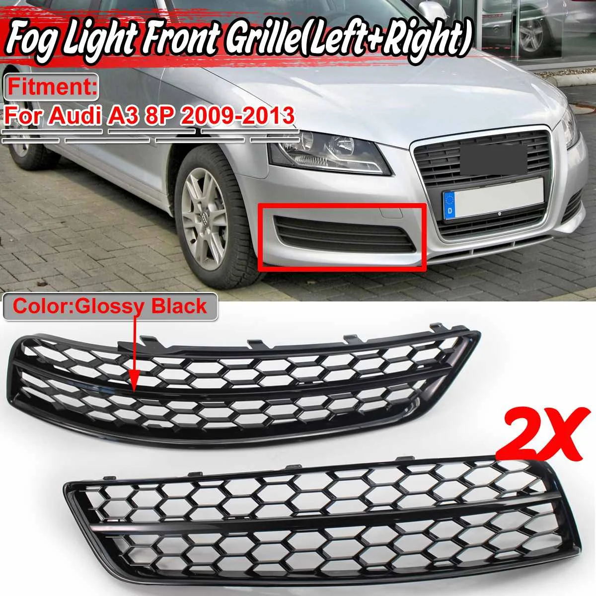 2pcs A3 8P Fog Lamp Grille Grill Car Front Bumper Fog Light Grille Grill For Audi A3 8P 2009-2013 8P0807682J 8P0807681AA