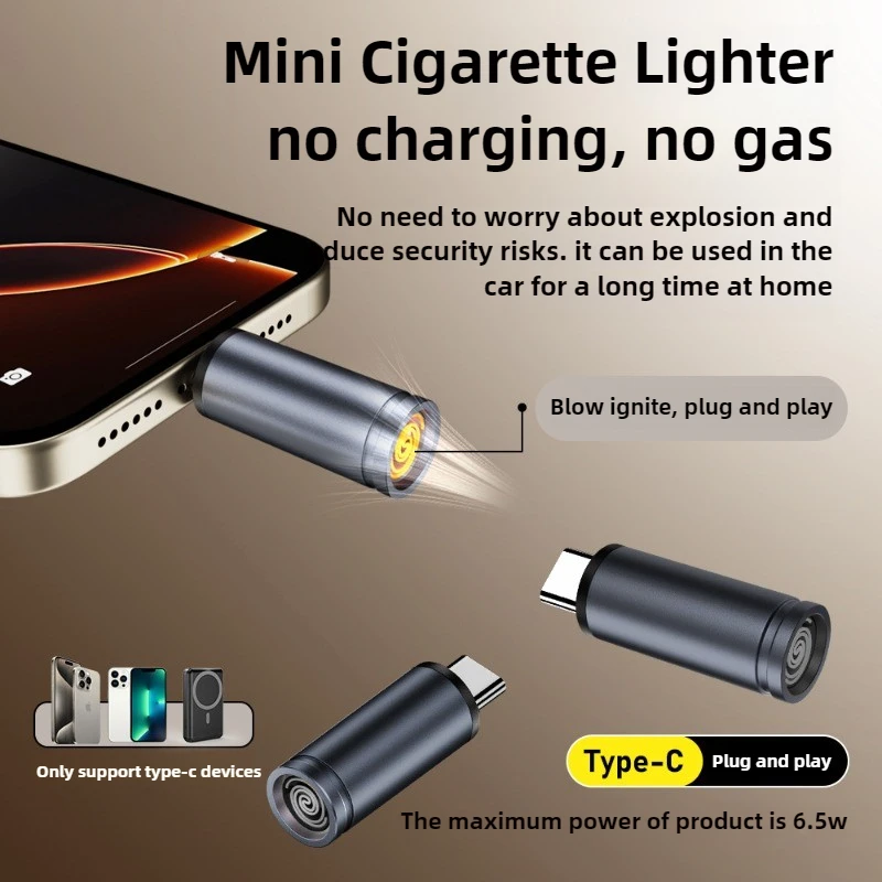 Type C USB Rechargeable Windproof Electric Lighter Flameless Igniter with Blow to Ignite for Outdoor Travel Safety