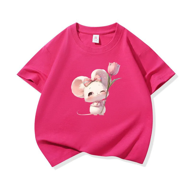 Kids Cotton T Shirt Charming Mouse With Pink Tulip Flower Print Crew Neck Short Sleeve Tee Casual Boys Girls Summer Tops