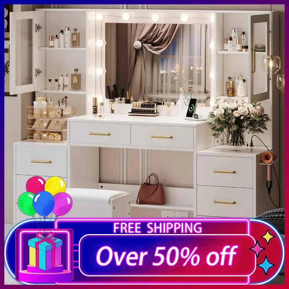 Large Vanity Desk with Mirror & Lights, Makeup Vanities with 10 LED Lights, 8 Metal Sliding Drawers, White Vanity Set with Stool image 2