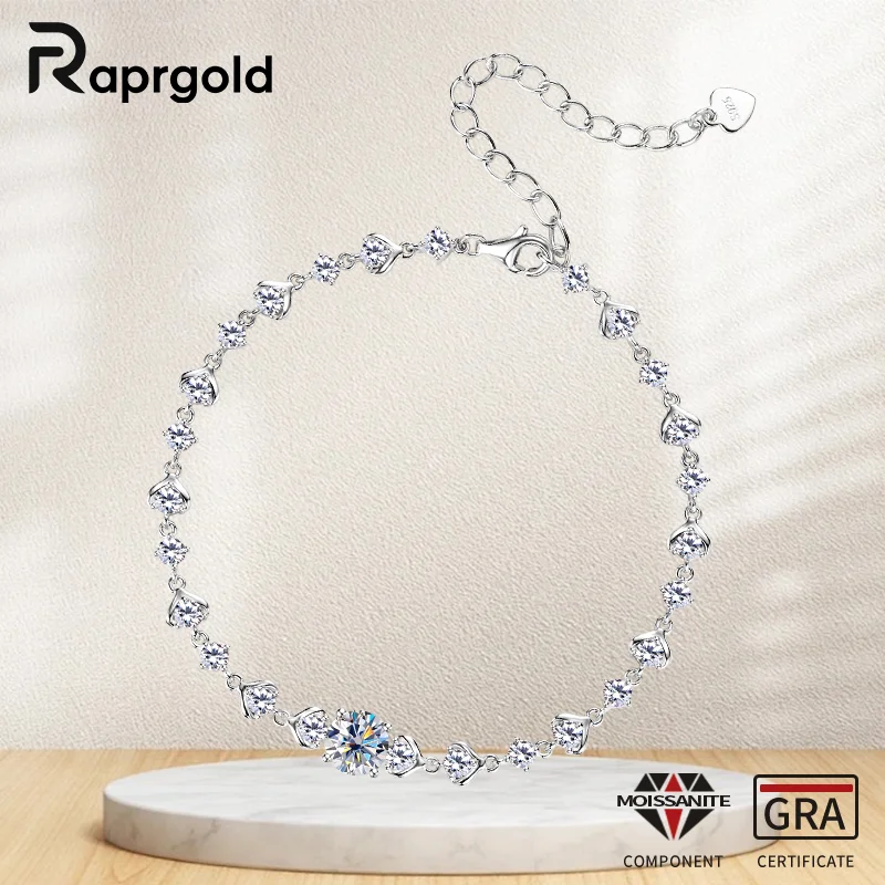 

RAPRGOLD GRA сертифицированный 1 карат круглый браслет из муассанита для женщин браслеты из стерлингового серебра S925 цепочки свадебные ювелирные изделия подарки