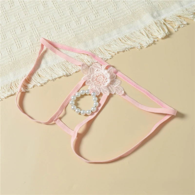 Men's G String Thongs Exotic Lace Flower Pearl Hollowed-Out Briefs Low-Rise Sexy Temptation Open Crotch Elastic Sissy Underwear