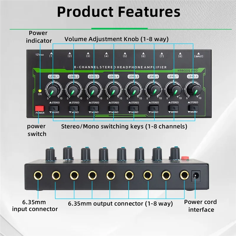 8-Kanal-Mini-Stereo-Kopfhörerverstärker HA800S PRO Ultrakompakter Audioverstärker mit Netzteil