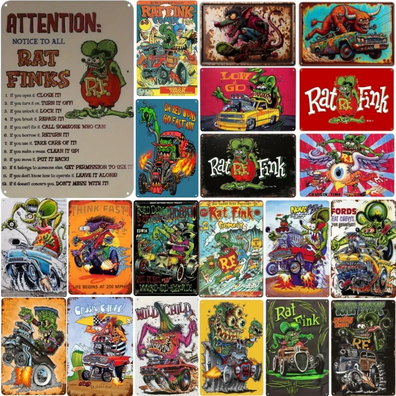 Vintage Metal Tin Poster Rat Fink Retro Metal Tin Signs Posters Plate Wall Decor for Bar Restaurant Cafe Clubs Retro Plaque