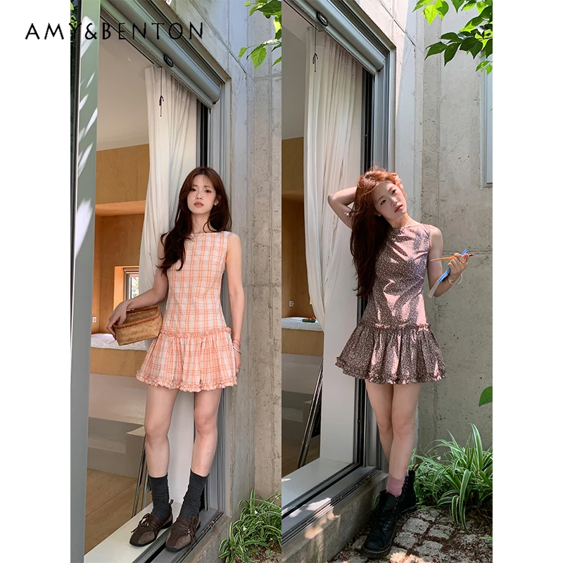 

Korean Retro Plaid Splicing Women's Vest Dress 2025 Summer Thin Sexy Sweet Cool Sleeveless Floral A-line Sling Dresses Ladies