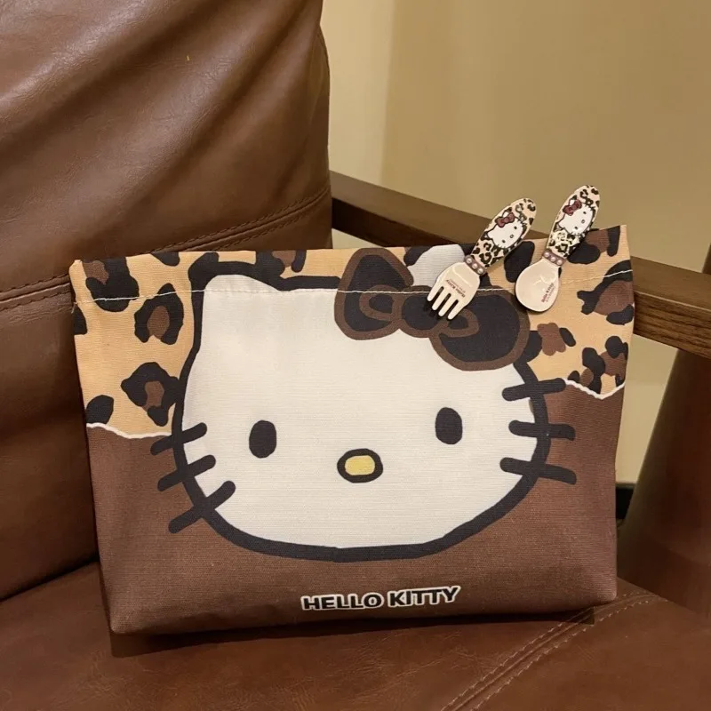 New Leopard Print Hello Kitty Kawaii Makeup Bag Cartoon Anime Accessories Women's Portable Simple and Eye Catching Storage Bag