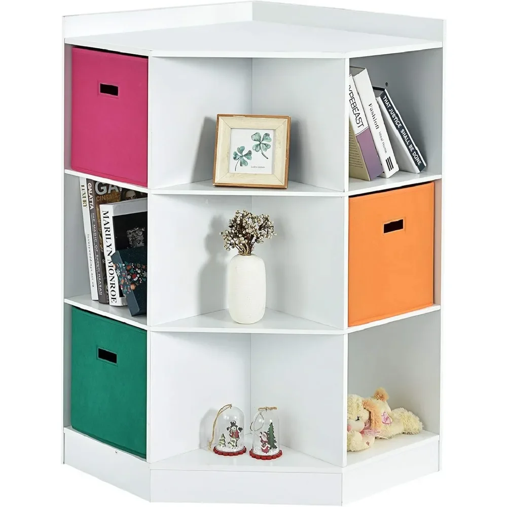 9-Kids Bookcase with Large Storage Drawers, Children's Corner Cabinet with 6 Cubes and 3 Shelves, Wooden Storage Sideboard