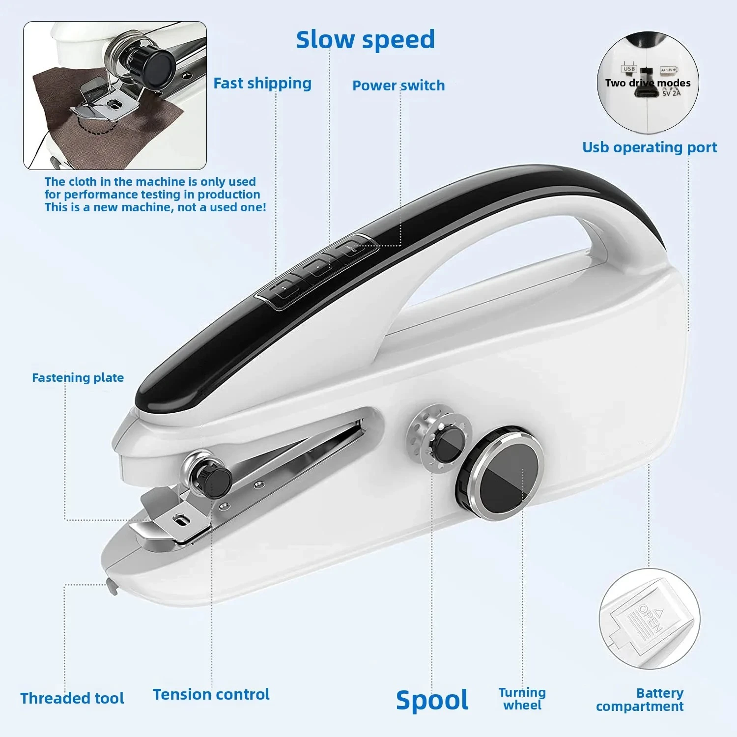 2 Speed Adjustable Portable Handheld Electric Sewing Machine Compact for Household Repairs