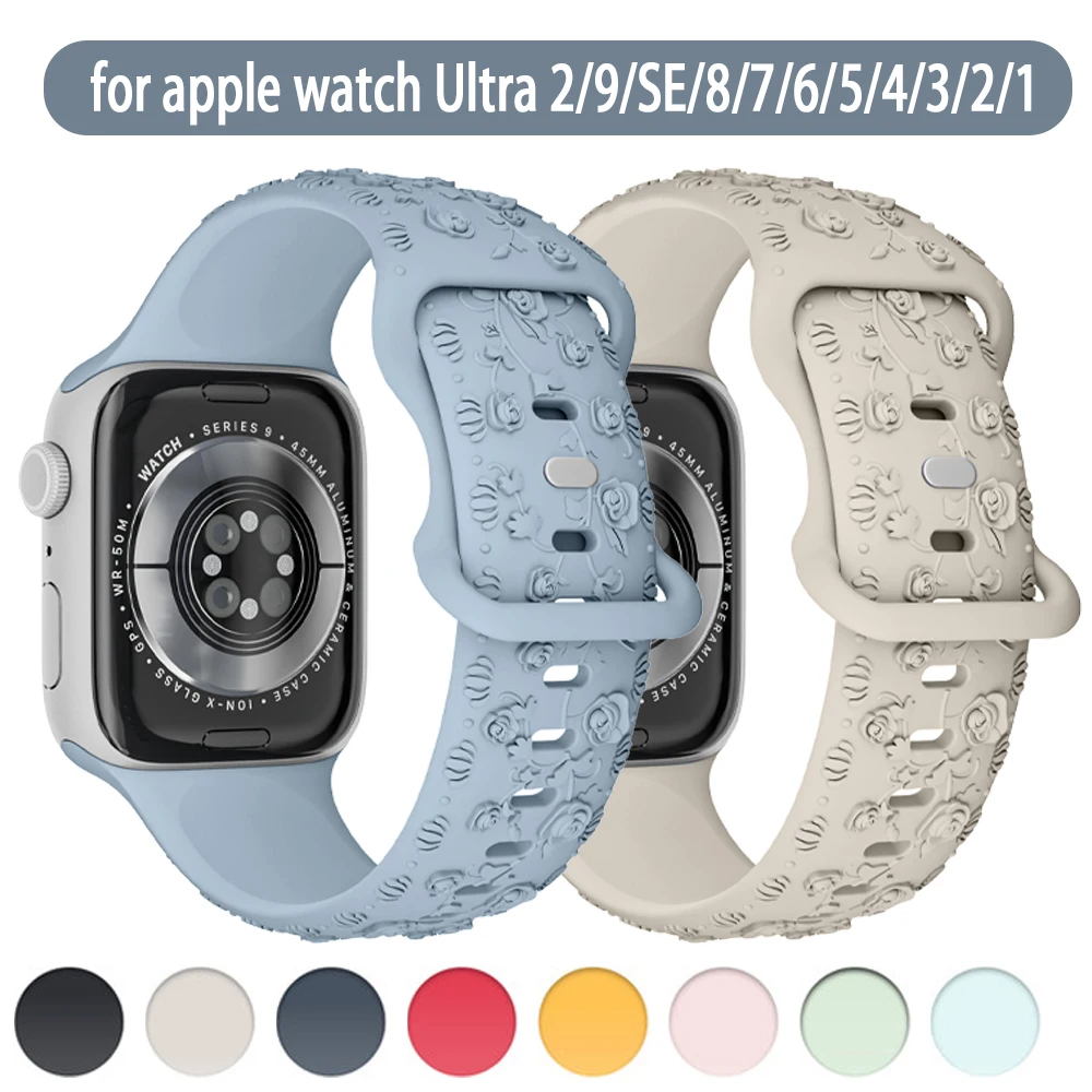 Silicone Strap for Apple watch bracelet 41mm 40mm 45mm 44mm 49mm 38mm 42mm Floral Engraved band iWatch Series 9 8 7 6 SE ultra 2