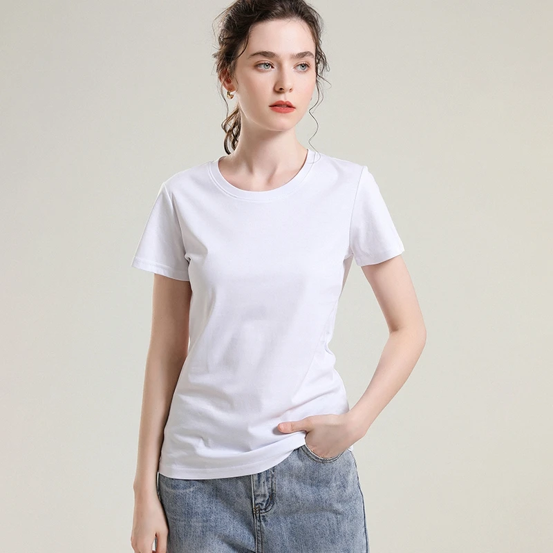 

High quality combed mercerized cotton short sleeved women's O-neck Solid tops summer close-fitting silky smooth casual T-shirt