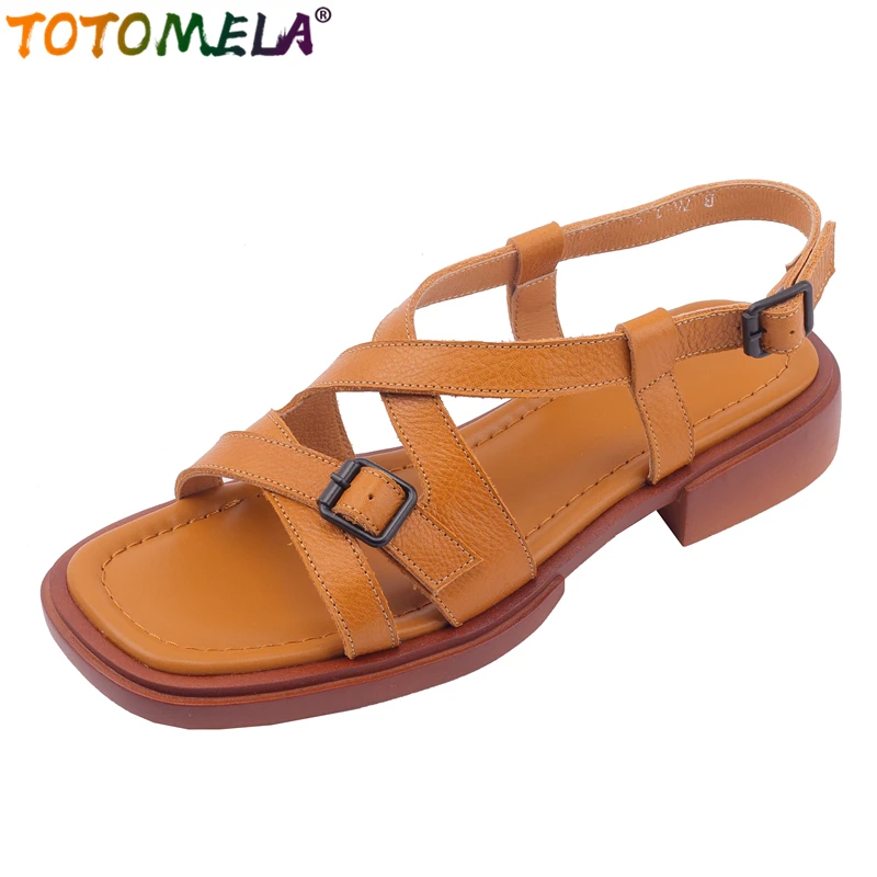 

TOTOMELA New Genuine Leather Shoes Women Sandals Square Low Heels Retro Summer Ladies Shoes Fashion Office Dress Shoes Female