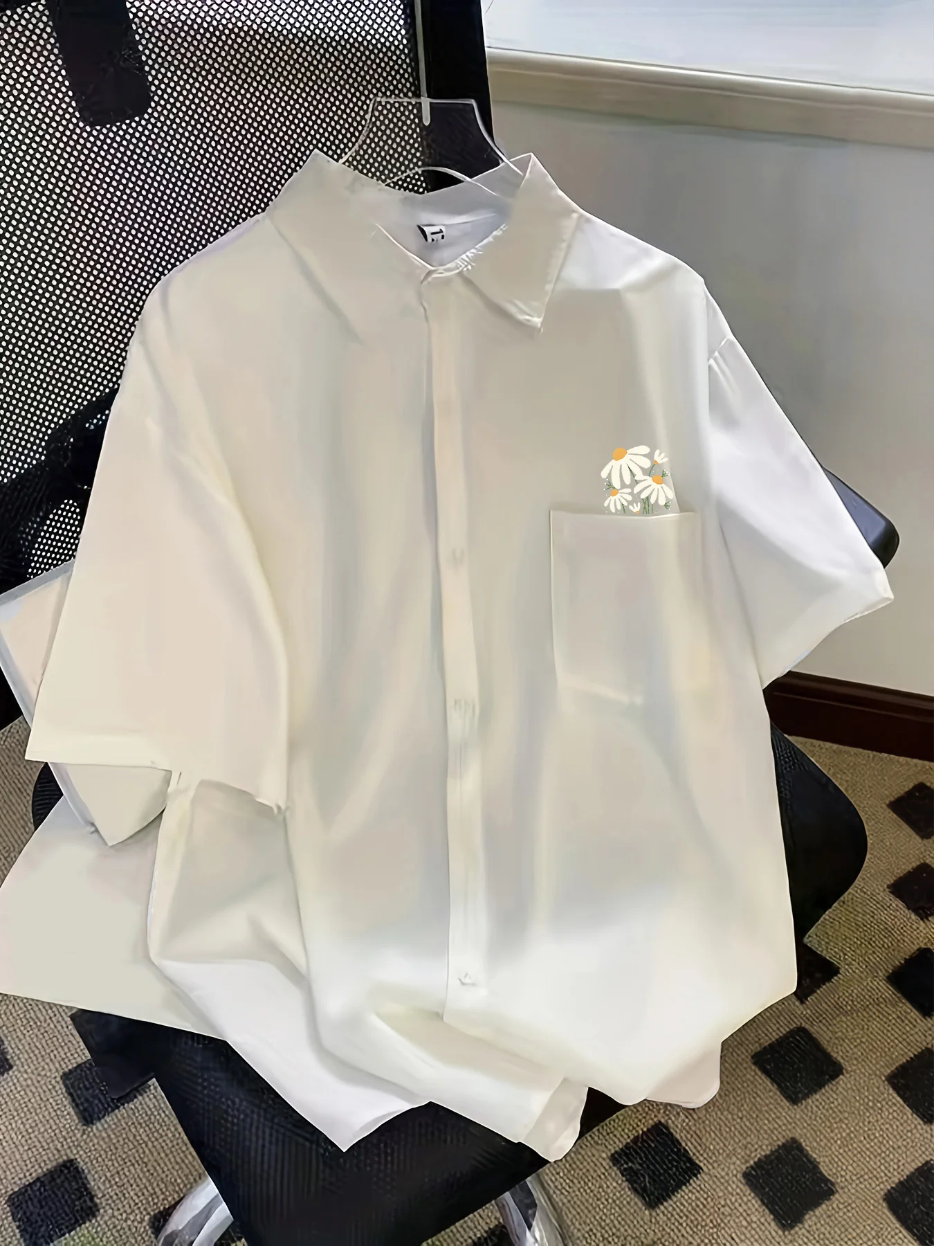 Summer fashion trend men's clothing small daisy print short sleeve collar pure color casual simple shirt