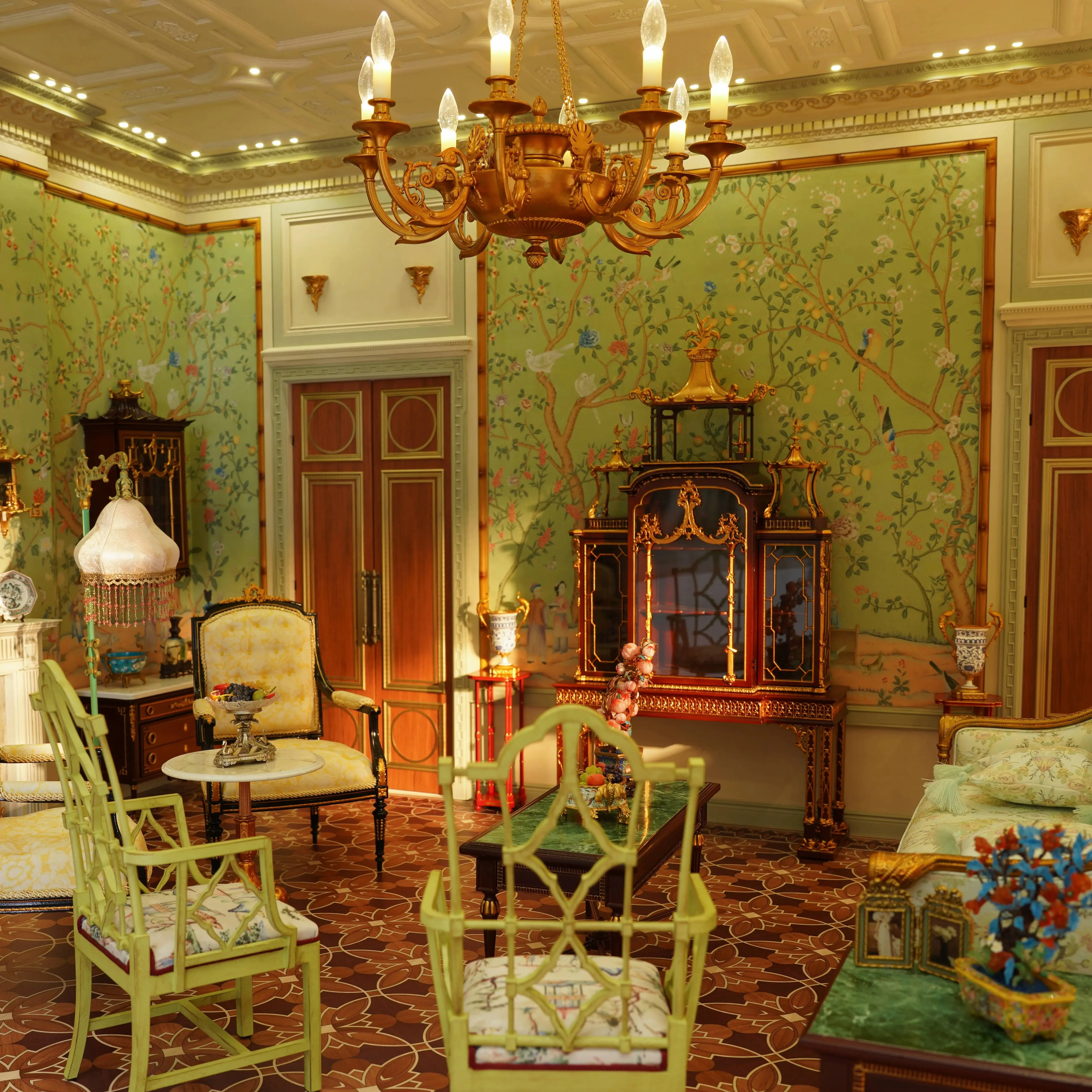 1/6 French Chinoiserie Brass Furniture  SinoCraft Realistic Wall Cabinet, Bamboo Chair Palace Clock, Swan Tray Dollhouse Diorama