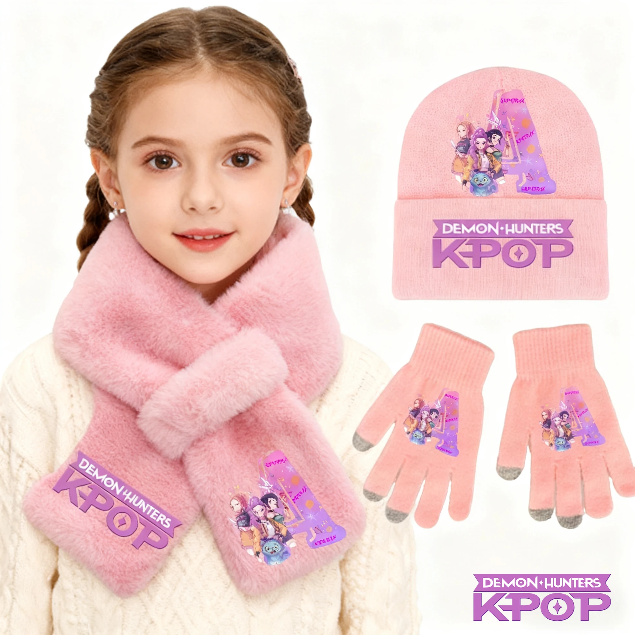 

K-Pop Demon Hunters Комплект из 3 предметов для девочек Мягкий и теплый вязаный ансамбль с шапкой, шарфом и перчатками Зимняя мода Повседневный подарок на день рождения