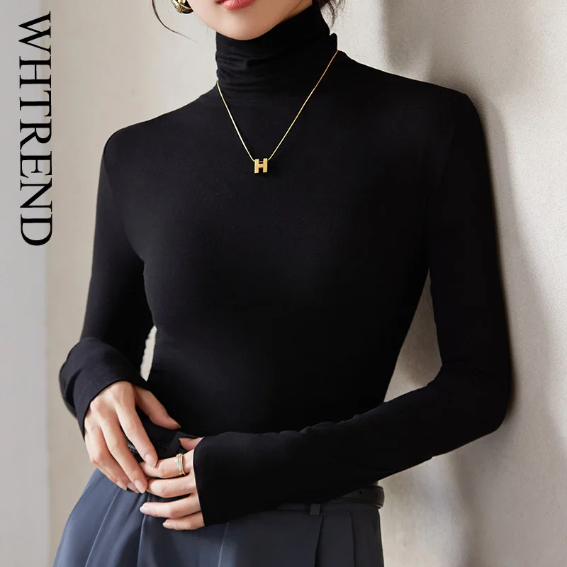 

WHTREND водолазка, трикотажная футболка, женская осенне-зимняя новая внутренняя одежда, черный пуловер с длинными рукавами, топ WH2022