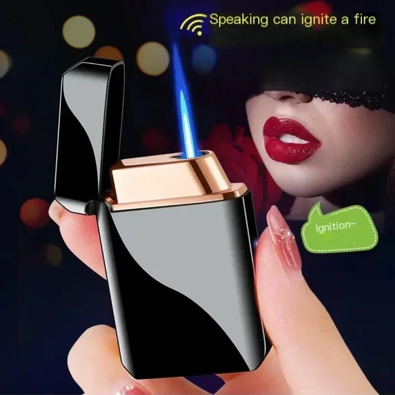 HOT Metal Voice Control Windproof Blue Flame Butane Gas Lighter Visible Gas Window Multiple Ignition Methods USB Lighter Gadget