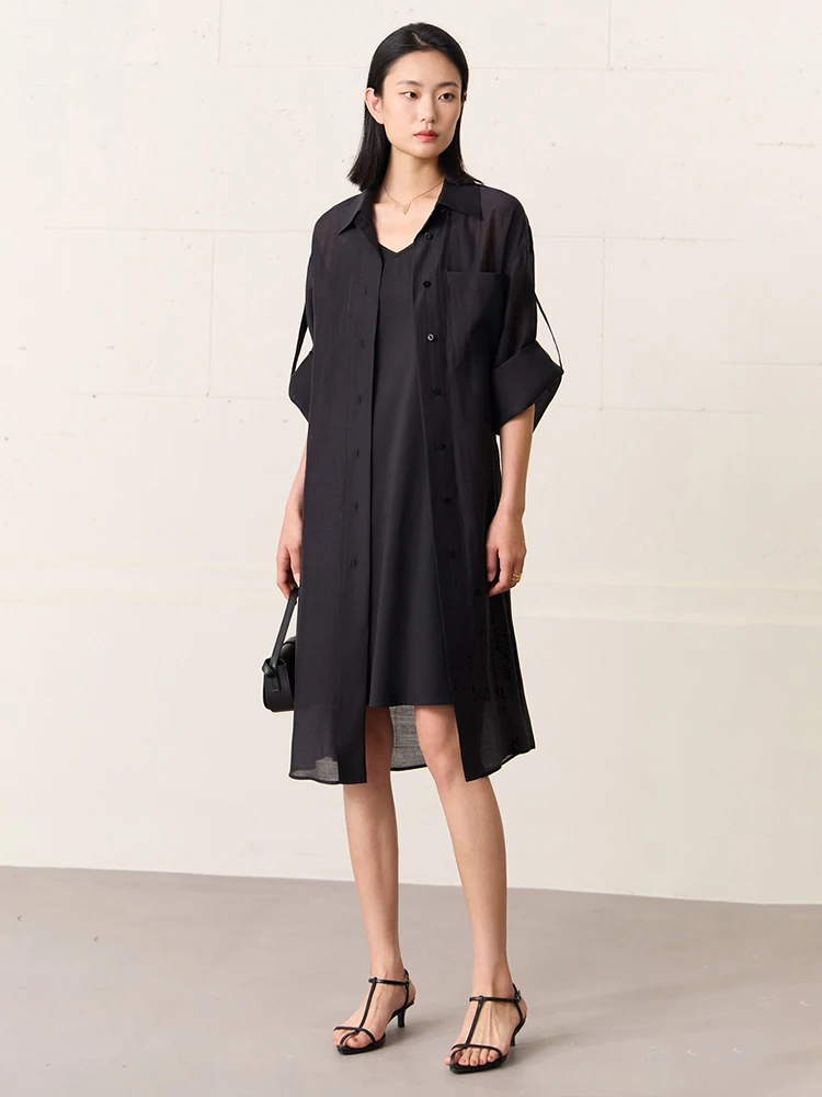 AMII Minimalism Fashion Sheer Belt Shirt Dresses for Women 2023 Summer New Solid Office Lady Elegant Camisole Vestidos 12371069