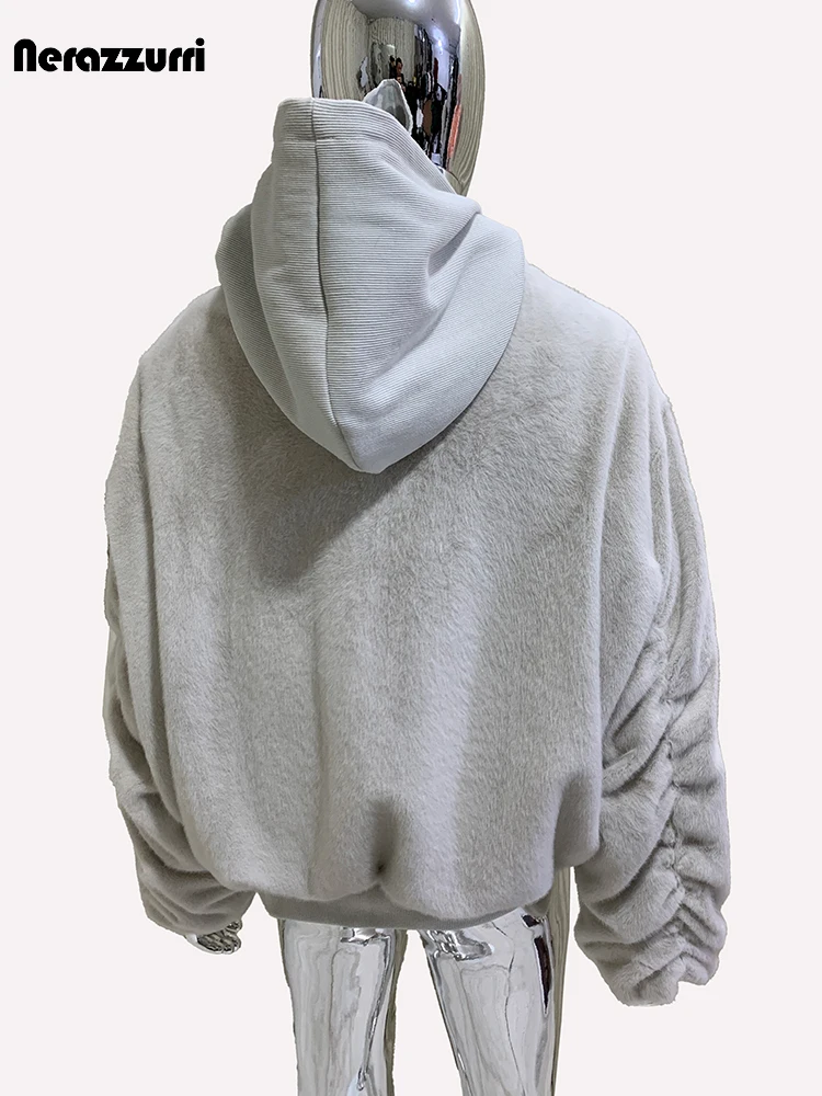 Nerazzurri Sonbahar Kış Büyük Boy Kalın Sıcak Yumuşak Sahte Vizon Kürk Ceket Erkekler İpli Kapşonlu Fermuar Gevşek Rahat Kabarık Ceket