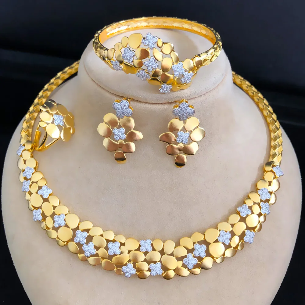 GODKI New Fashion Gold Color Flower Dubai Bridal Jewelry Set For Women Wedding Party Nigerian African Necklace Earring Set