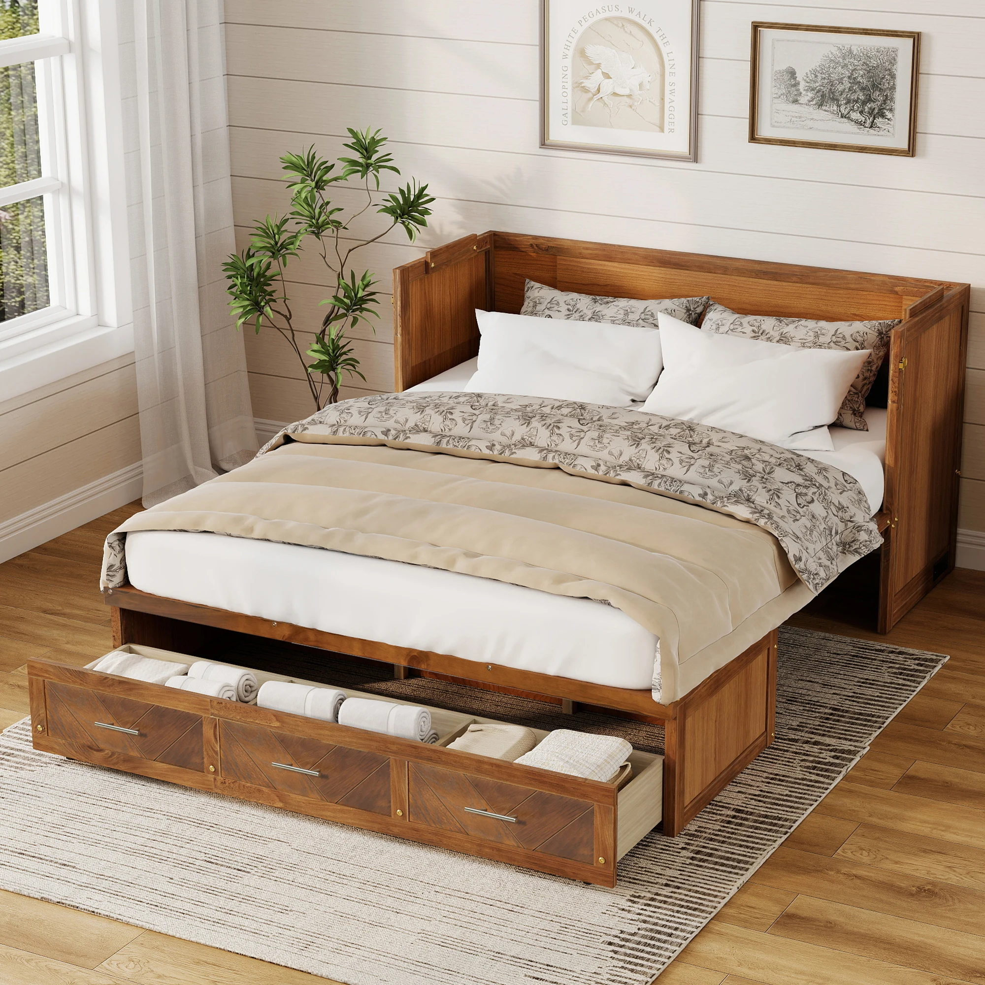 ！@Queen Size Modern Murphy Bed, Solid Wood Cabinet Bed with Built-in USB Charging Station and Geometrical Decoration Panel