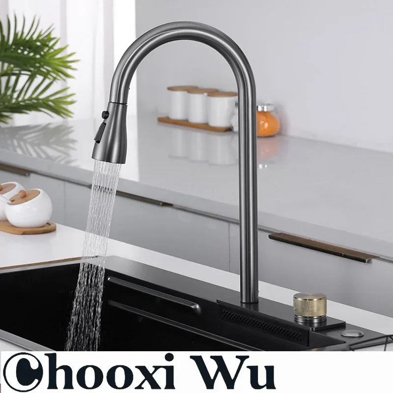 Waterfall Sink Pull Type Kitchen Faucet Hot Cold Mixer Vegetable Wash Tap Basin Multiple Water Outlets Rotation Flying Rain Tap