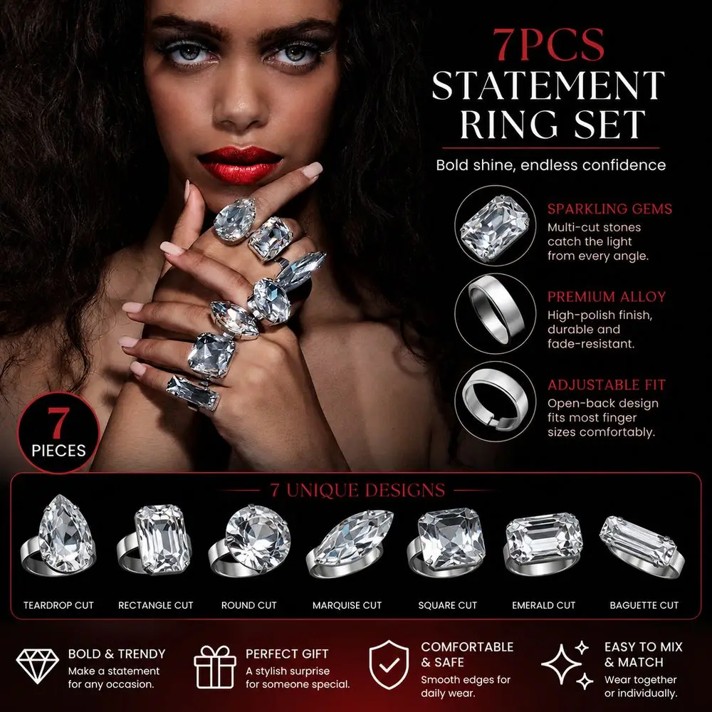 7PCS Square Shape Square Rhinestone Ring Rhinestone Crystal Large Size Vintage Wedding Ring Heart Shape Exaggerated Giant