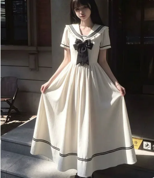 Sweet College Navy Collar Temperament Women Summer New Bow Japanese Dress Fashion High Waist A-line Age Reduction Long Dresses