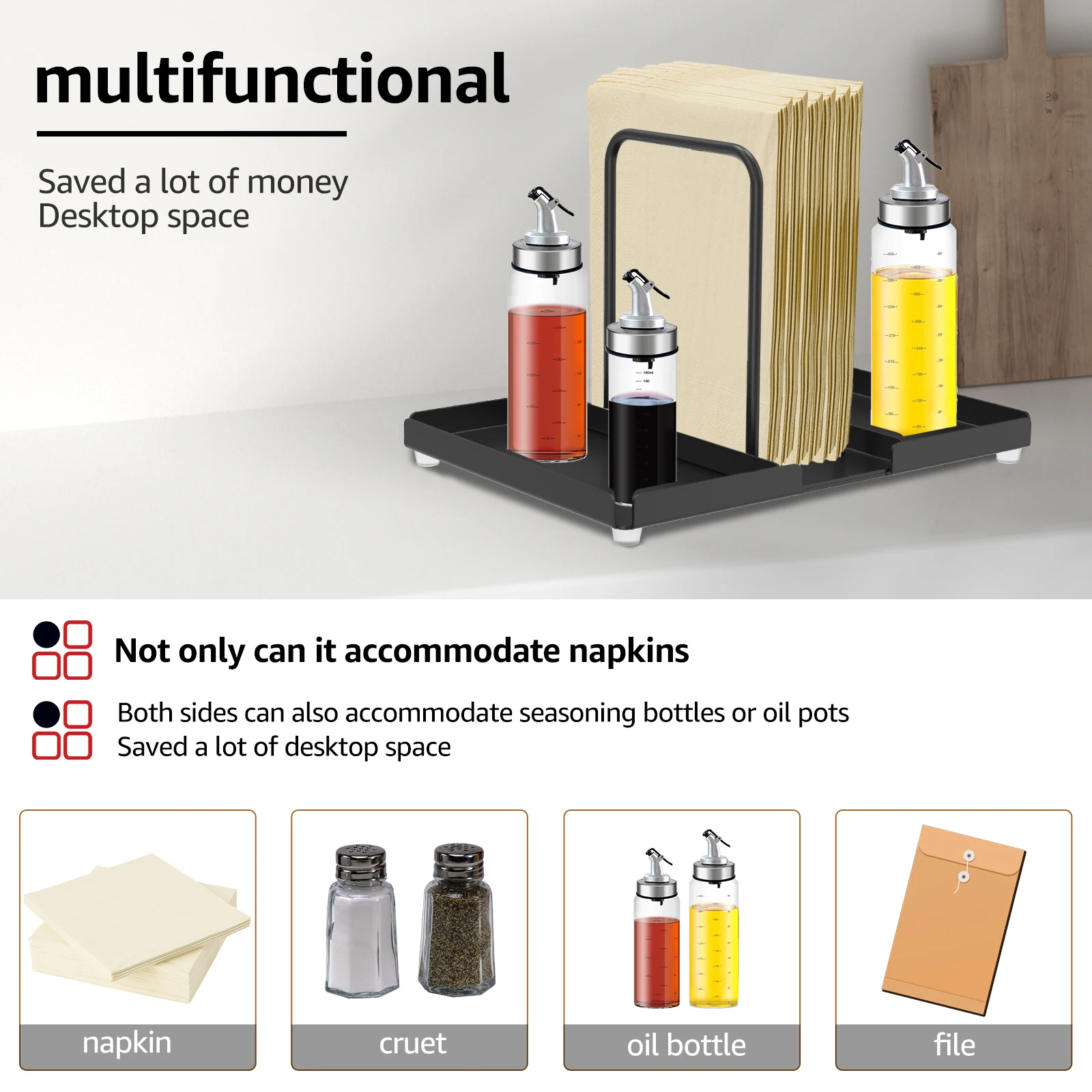 Metal Napkin Holder Standing Napkin Dispenser with Salt Pepper Shakers Caddy Paper Napkin Storage for Kitchen Dining Table Decor