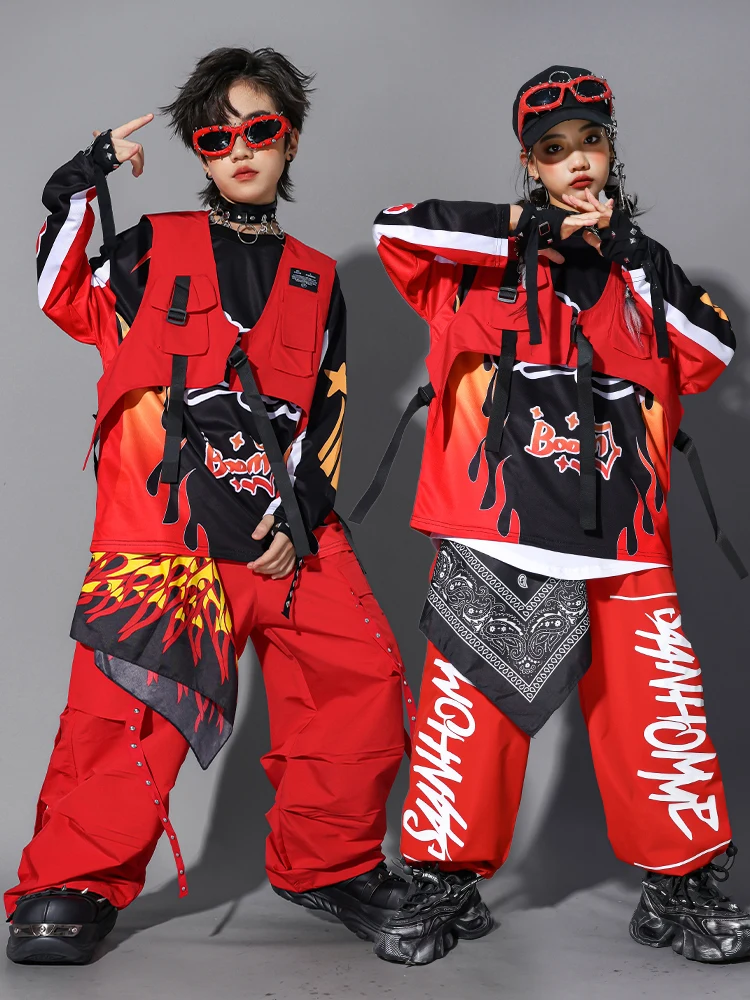 Neue Hip Hop Jungen Coole Langarm-shirt Rote Weste Cargo Hosen Mädchen K-pop Streetwear Kostüm Gruppe Jazz Street Dance kleidung Set
