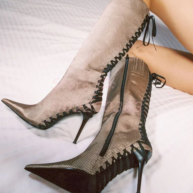 

Snakeskin Back Lace-up Knee-high Boots Sexy Pointed Toe Side Zipper Cross Straps Stilettos 2024 New Women Fashion Modern Shoes