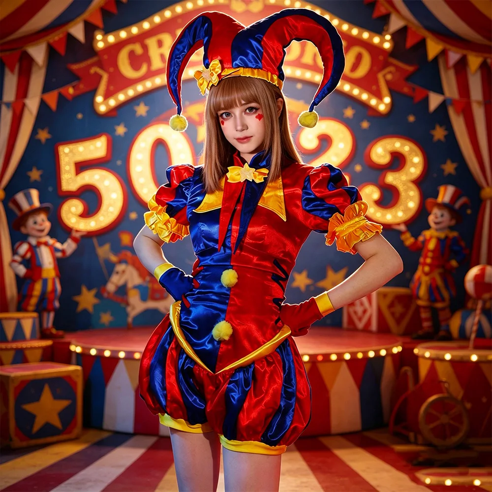 

Freak Circus Pomni Cosplay Costume Blue Red Clown Outfits Women Halloween Party Fancy Digital Circus Clown Jumpsuits Hat