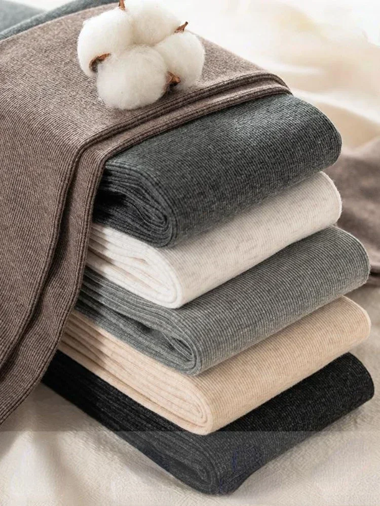 Leggings invernali caldi a vita alta per donna Pantaloni casual in tinta unita ad alta elasticità con strisce verticali in cotone spesso