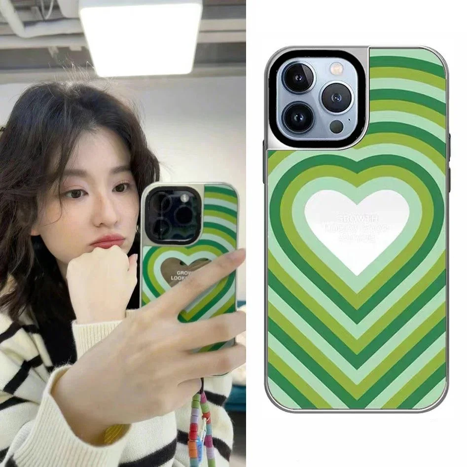 

Green Heart Mirror Phone Case Cover for IPhone 11 12 13 14 15 Pro Max Case for IPhone 15 Pro Max