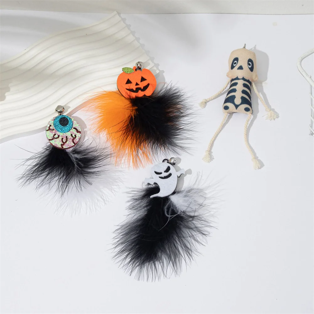 Juguetes de Halloween para gatos, varita Teaser para mascotas, campana de plumas fantasma de calabaza divertida, juguetes interactivos para