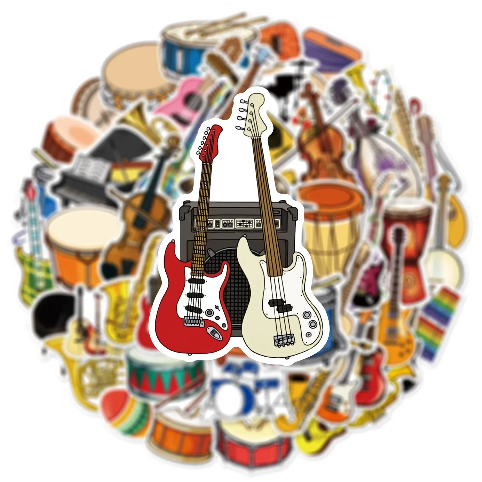 50pcs DIY Cartoon Music Instrument Performance Stickers Set For Piano Violin Stand Drum Guitar Waterproof Non-stick Decals Gifts