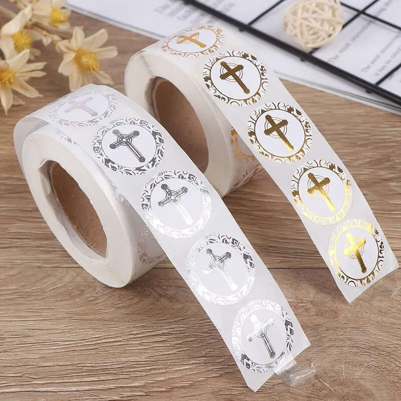 

Religious Christian Cross Stickers Gold or Silver Foil Round Labels for Christening Communion Christian Occassions Sealing