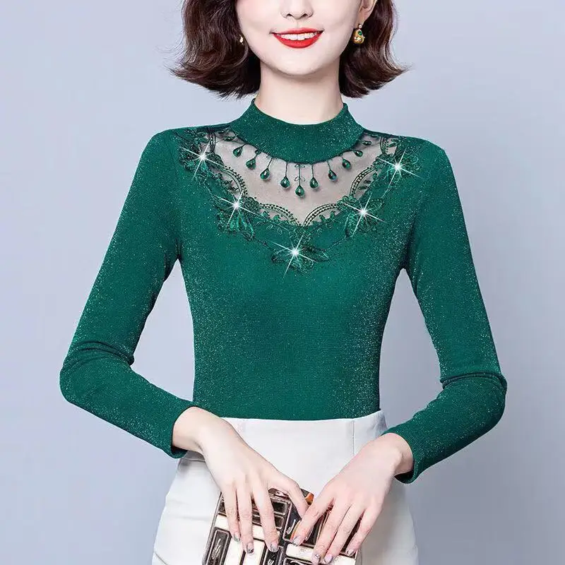 Fashion Lace Spliced Solid Color Tops Autumn Winter Half High Collar Casual Commute Slim Long Sleeve T-shirt Women\'s Clothing