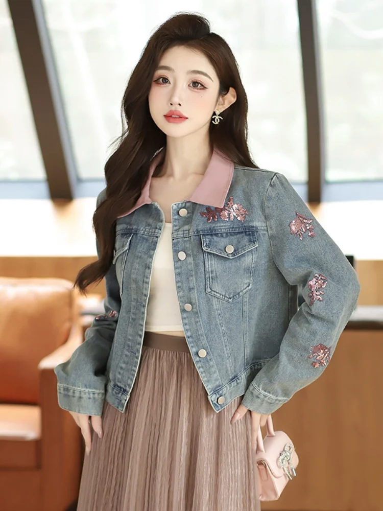 

Весна 2024, облегающая джинсовая куртка с вышивкой, джинсовая куртка с блестками, длинная свековая женская верхняя одежда, прямая трубка для поездок на работу, Sle