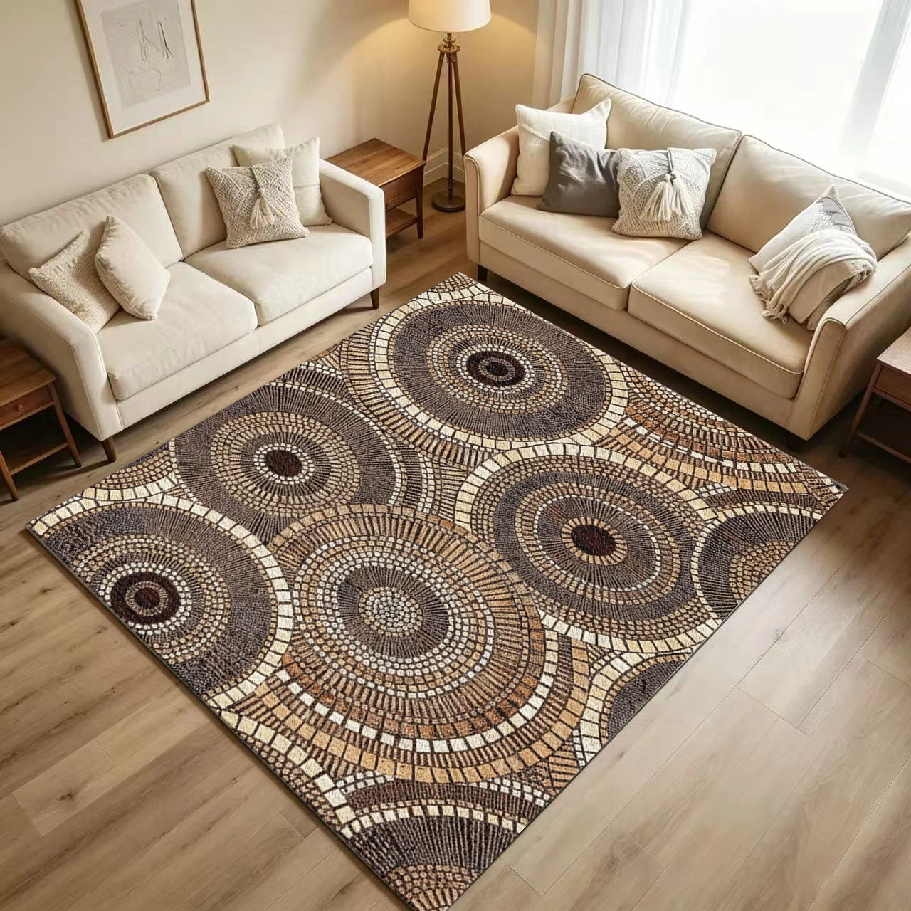 Brown Coffee Mosaic Circle Geometric Carpet Flooring Retro Ethnic Large Area Rug for Apartment Household Decor