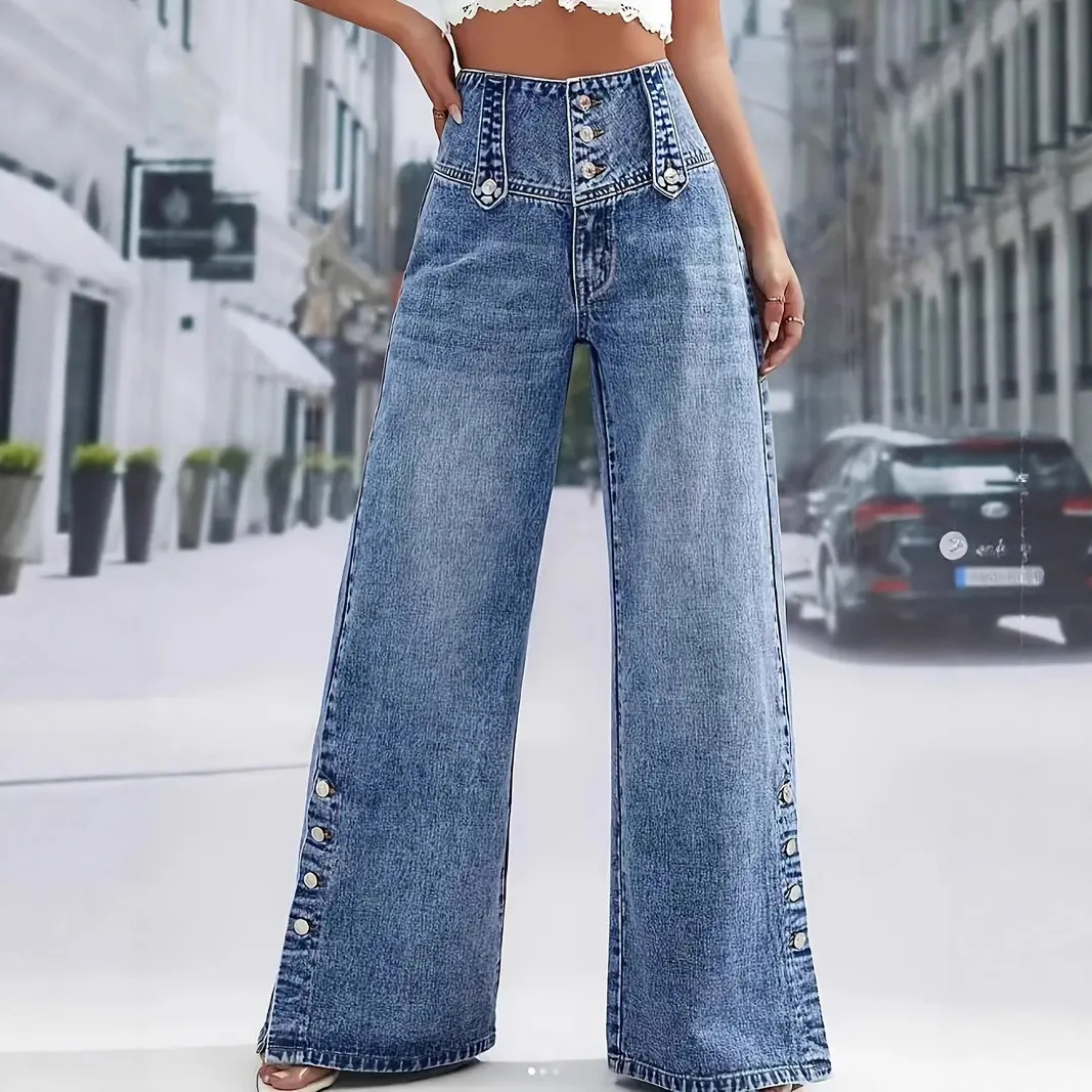 Women's Blue High Waist Wide Leg Jeans Fashion Multi Button Front Side Snap Detail Denim Pants Casual Outfit For Daily Dating