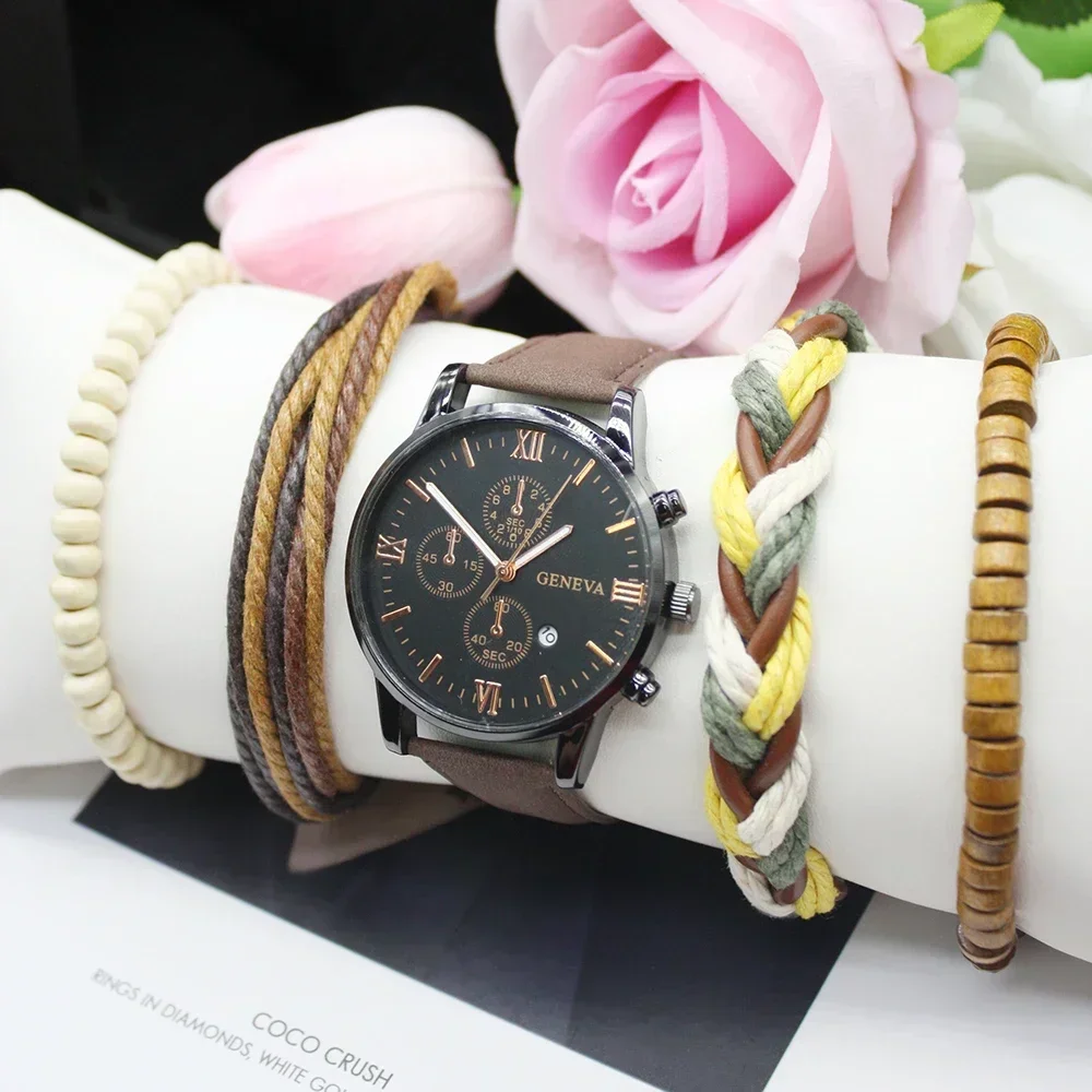 5 шт., простые и стильные многофункциональные кварцевые часы с календарем и браслетом