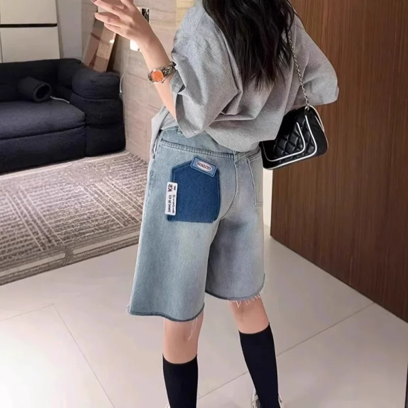 

High Waist Loose Fit Denim orts Women's Summer Straight Leg Jeans ket Design Five-Quarter Wide Leg Pants plus Size