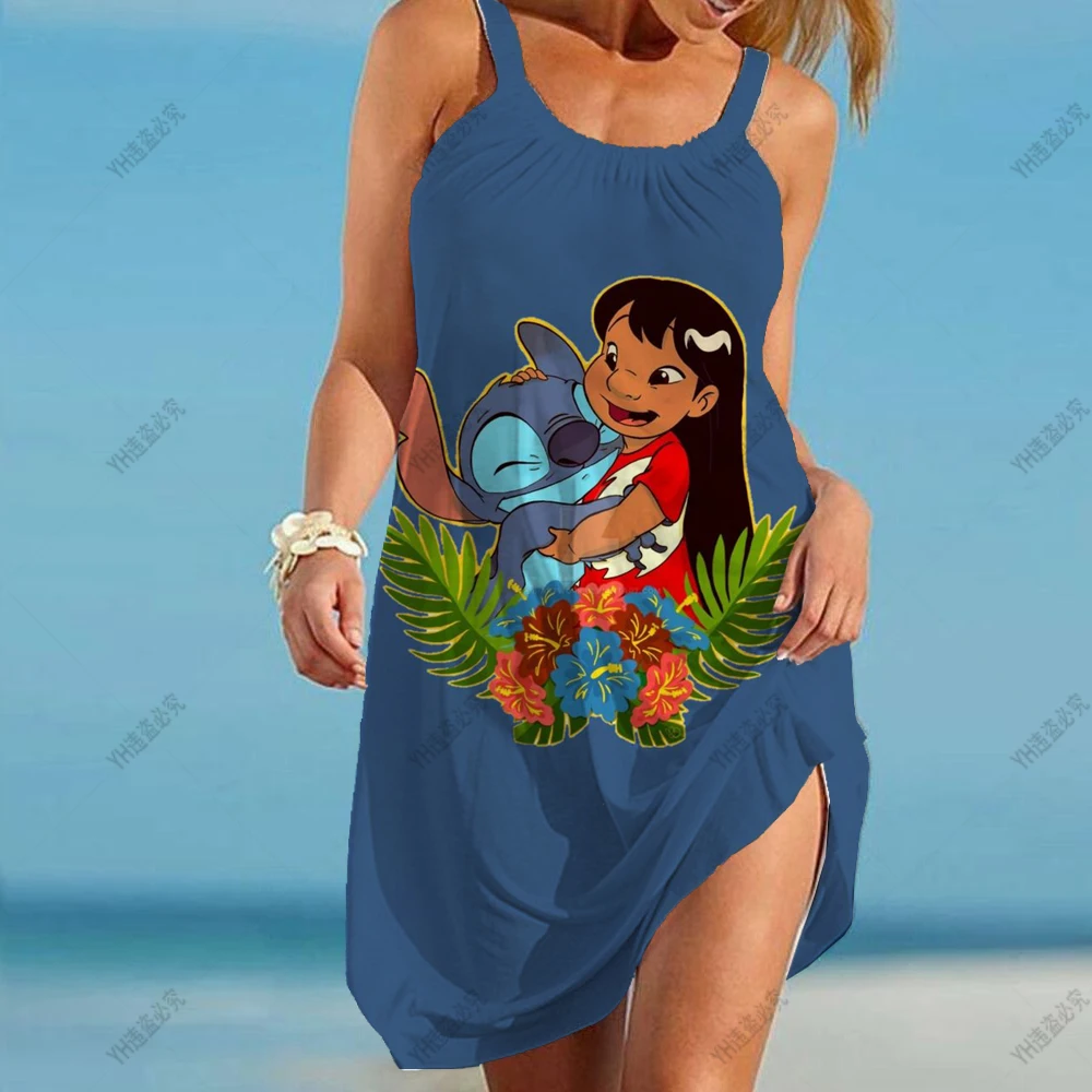 Vestidos Disney Stitch Feminino, Vestidos Sem Mangas, Festa na Praia, Respirável, Casual Sling, Sexy Skinny, Vista Mar, Top macio, Verão